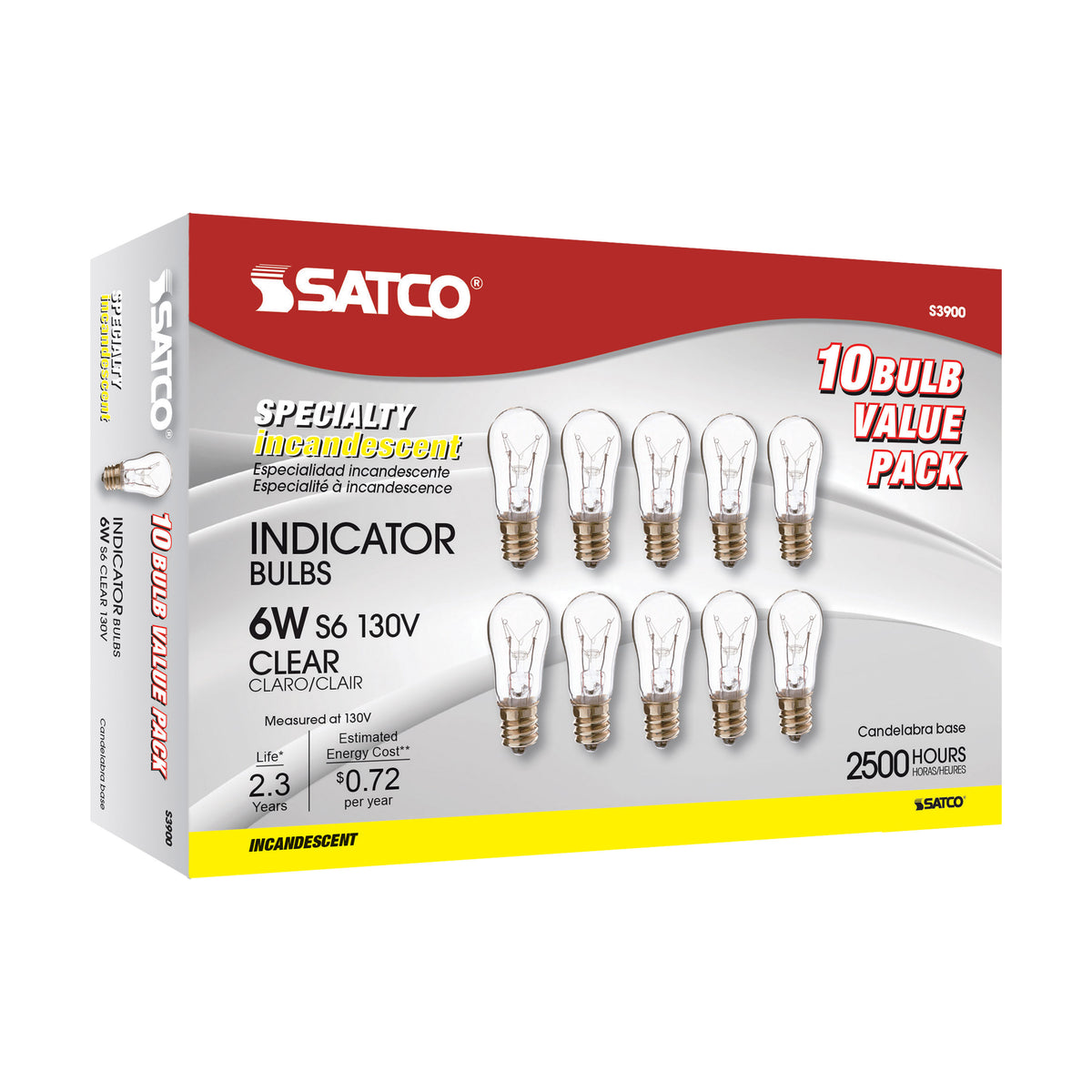 6 Watt S6 Incandescent - Clear - 2500 Average rated hours - 30 Lumens - Candelabra base - 130 Volt