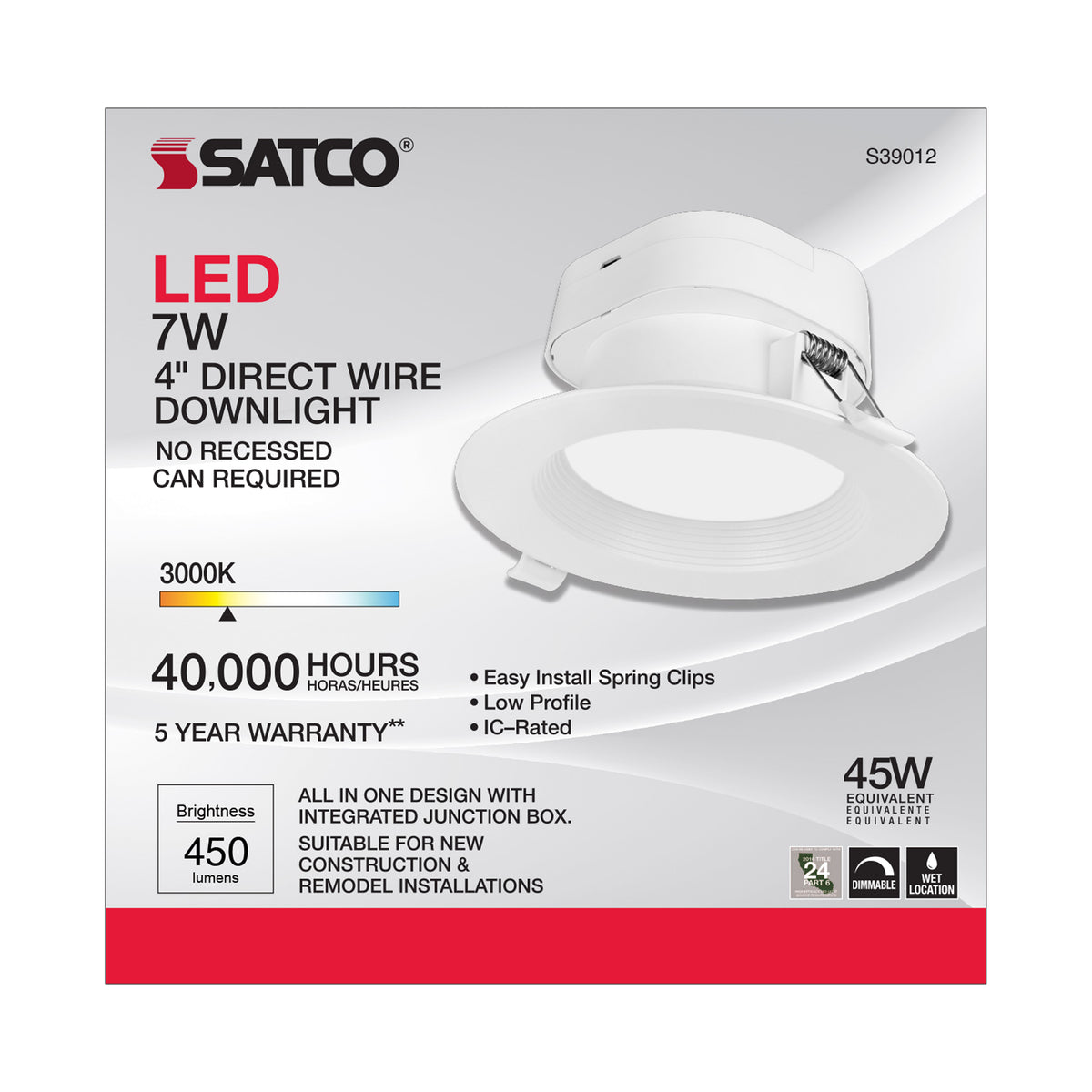 7 watt LED Direct Wire Downlight - 4 inch - 3000K - 120 volt - Dimmable