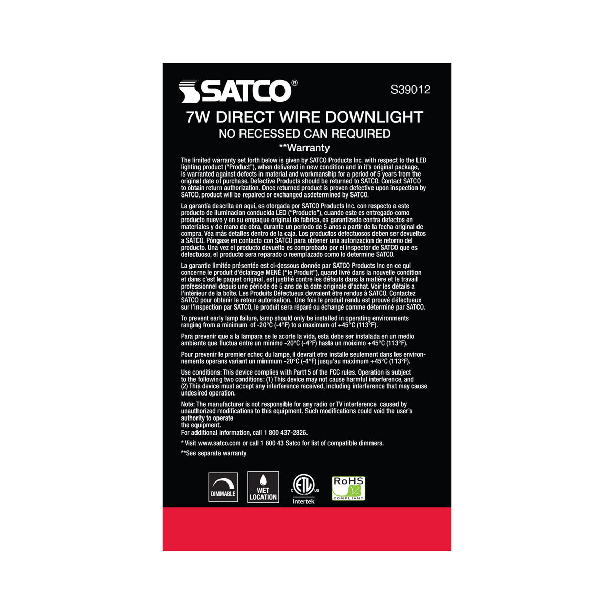 7 watt LED Direct Wire Downlight - 4 inch - 3000K - 120 volt - Dimmable