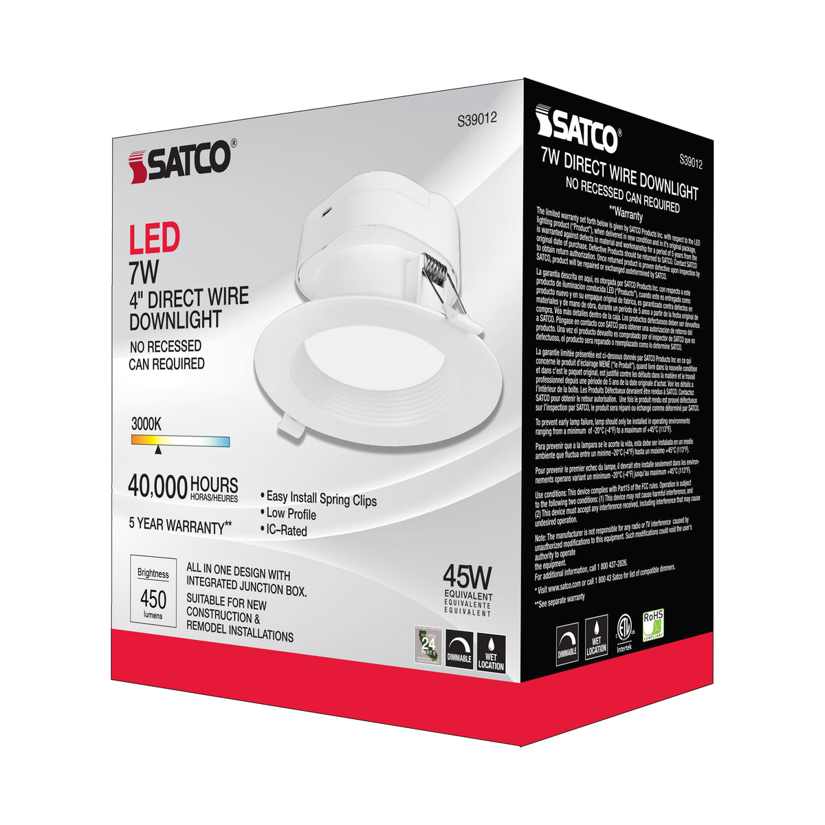 7 watt LED Direct Wire Downlight - 4 inch - 3000K - 120 volt - Dimmable