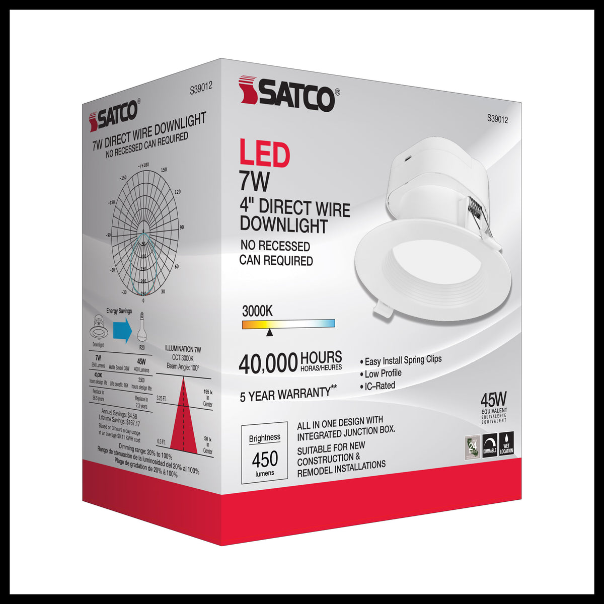 7 watt LED Direct Wire Downlight - 4 inch - 3000K - 120 volt - Dimmable