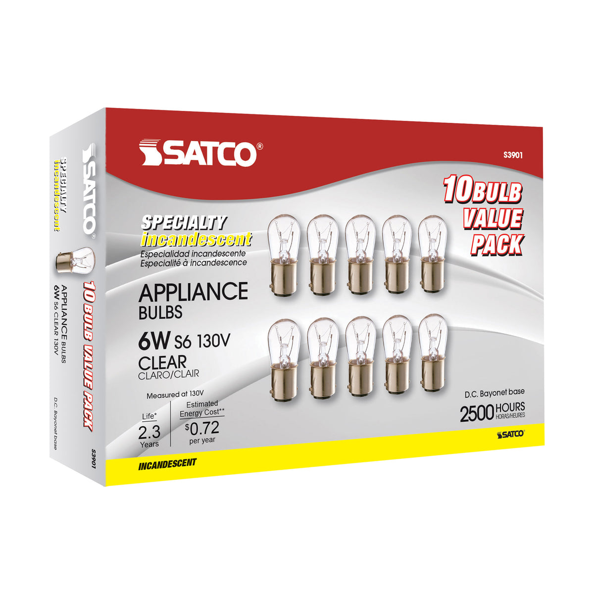 6 Watt S6 Incandescent - Clear - 2500 Average rated hours - 30 Lumens - DC Bay base - 130 Volt