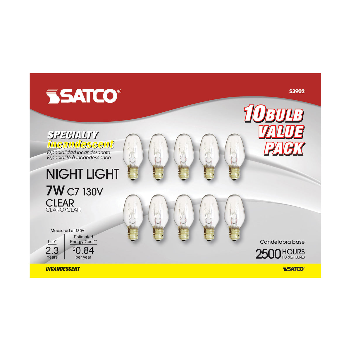 7 Watt C7 Incandescent - Clear - 2500 Average rated hours - 35 Lumens - Candelabra base - 130 Volt