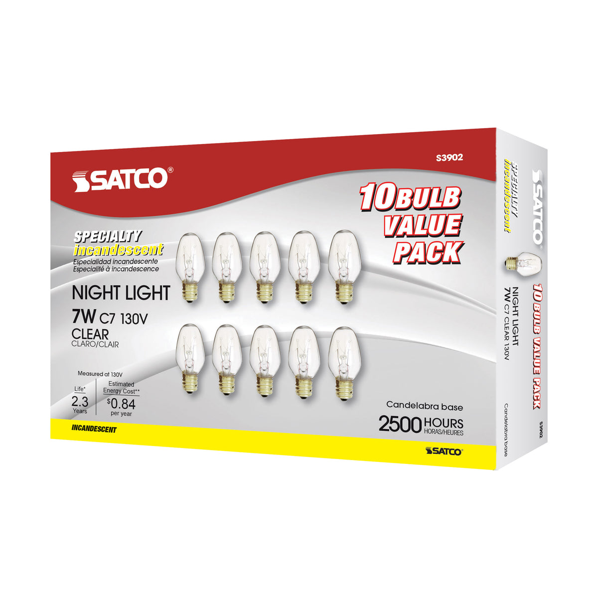 7 Watt C7 Incandescent - Clear - 2500 Average rated hours - 35 Lumens - Candelabra base - 130 Volt