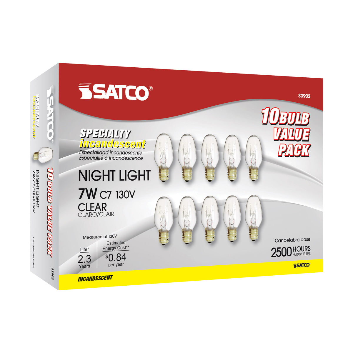 7 Watt C7 Incandescent - Clear - 2500 Average rated hours - 35 Lumens - Candelabra base - 130 Volt