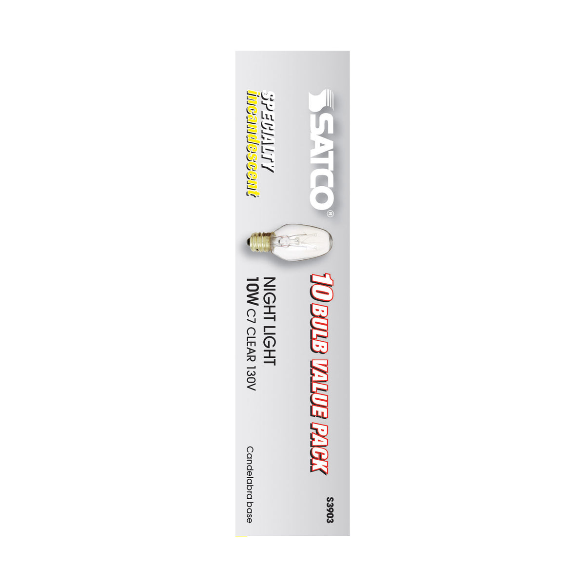 10 Watt C7 Incandescent - Clear - 2500 Average rated hours - 60 Lumens - Candelabra base - 130 Volt
