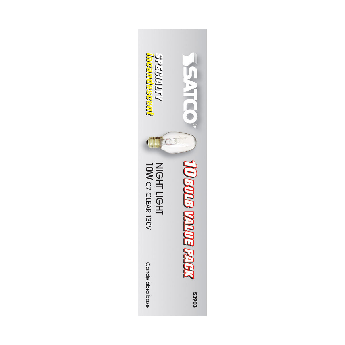 10 Watt C7 Incandescent - Clear - 2500 Average rated hours - 60 Lumens - Candelabra base - 130 Volt