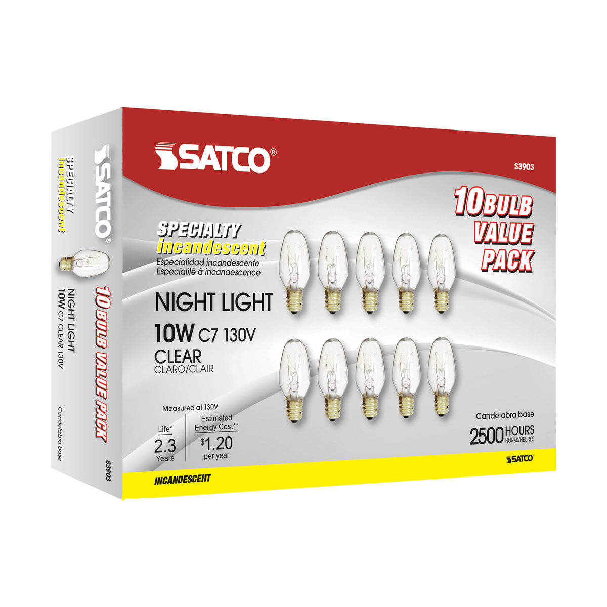 10 Watt C7 Incandescent - Clear - 2500 Average rated hours - 60 Lumens - Candelabra base - 130 Volt