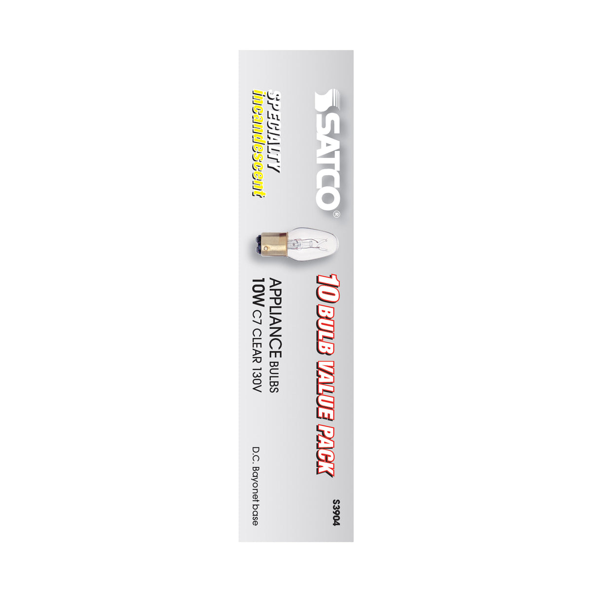 10 Watt C7 Incandescent - Clear - 2500 Average rated hours - 60 Lumens - DC Bay base - 130 Volt