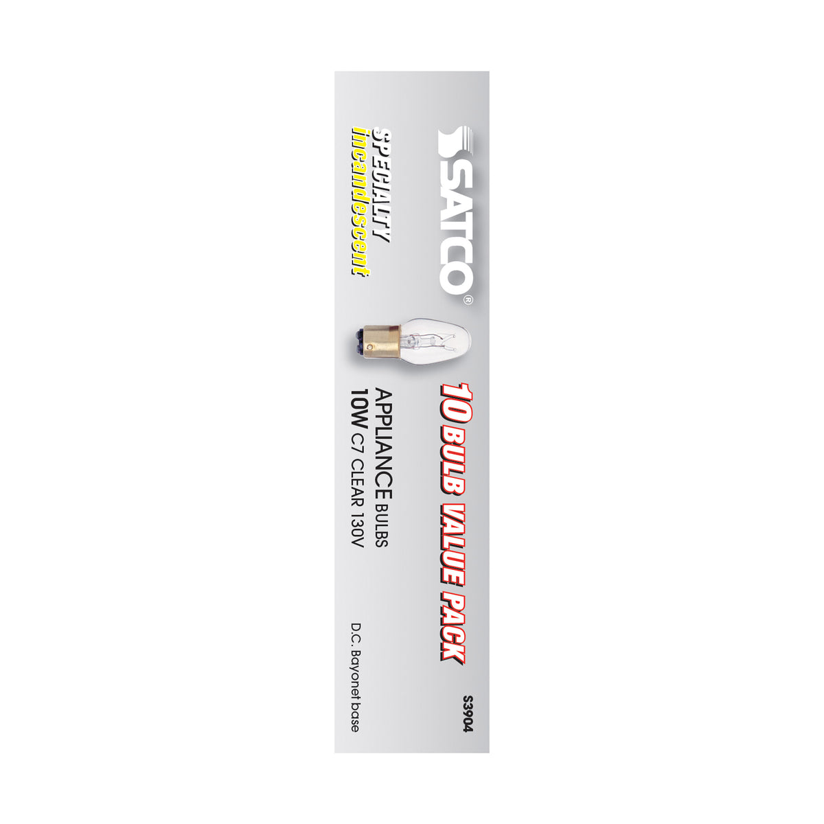 10 Watt C7 Incandescent - Clear - 2500 Average rated hours - 60 Lumens - DC Bay base - 130 Volt