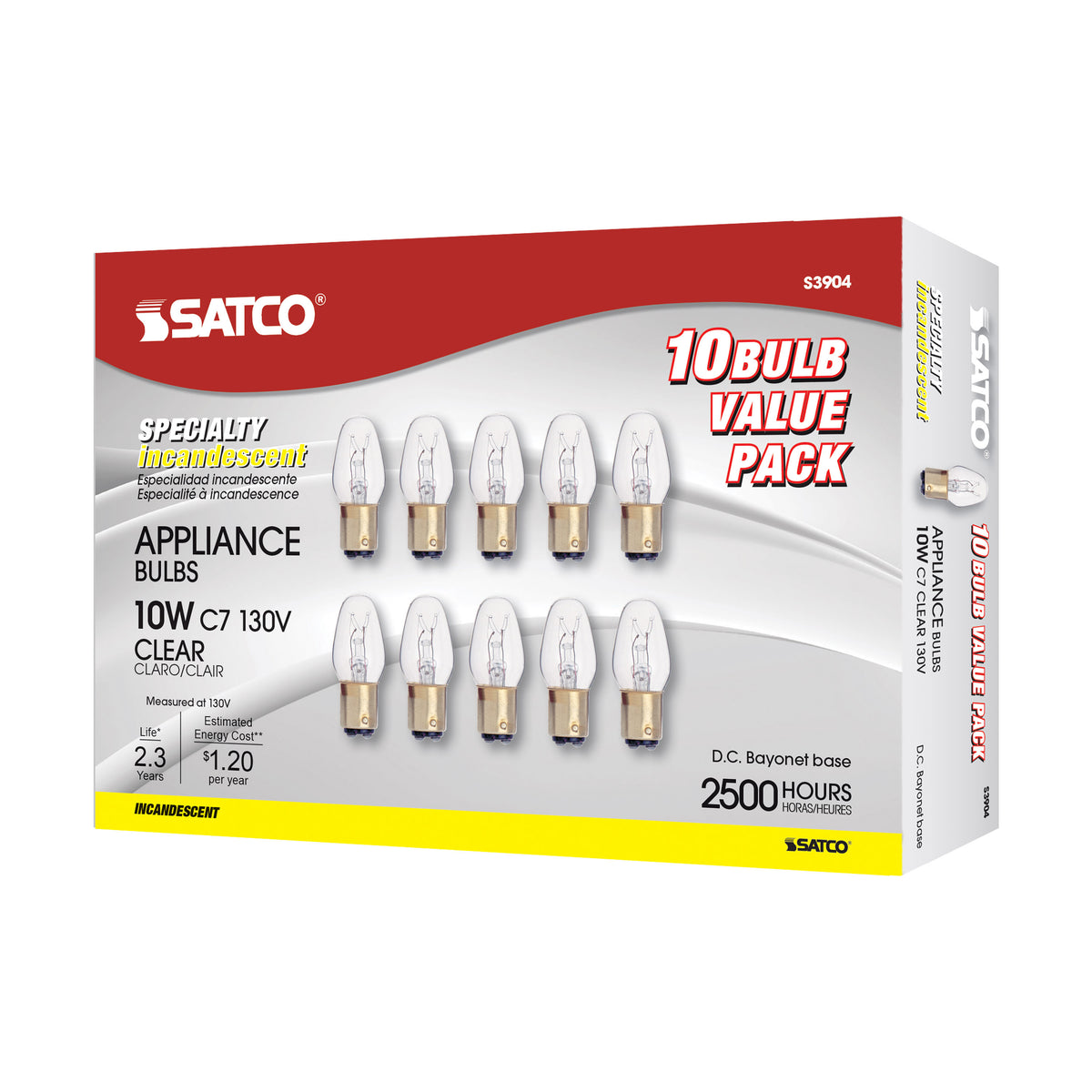 10 Watt C7 Incandescent - Clear - 2500 Average rated hours - 60 Lumens - DC Bay base - 130 Volt