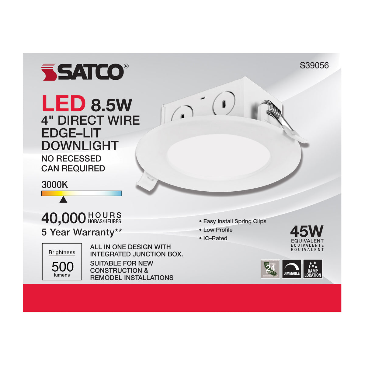 8.5 watt LED Direct Wire Downlight - Edge-lit - 4 inch - 3000K - 120 volt - Dimmable