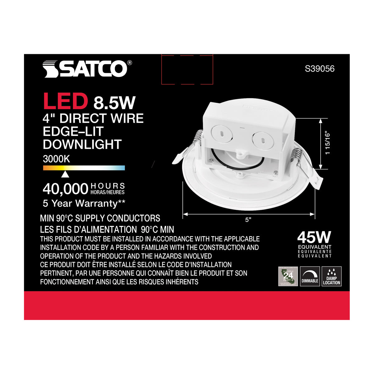 8.5 watt LED Direct Wire Downlight - Edge-lit - 4 inch - 3000K - 120 volt - Dimmable