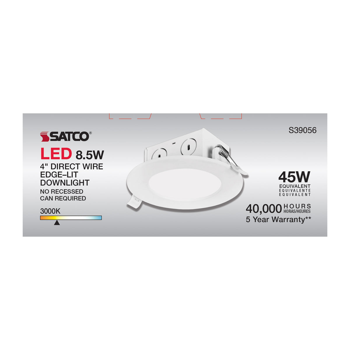 8.5 watt LED Direct Wire Downlight - Edge-lit - 4 inch - 3000K - 120 volt - Dimmable