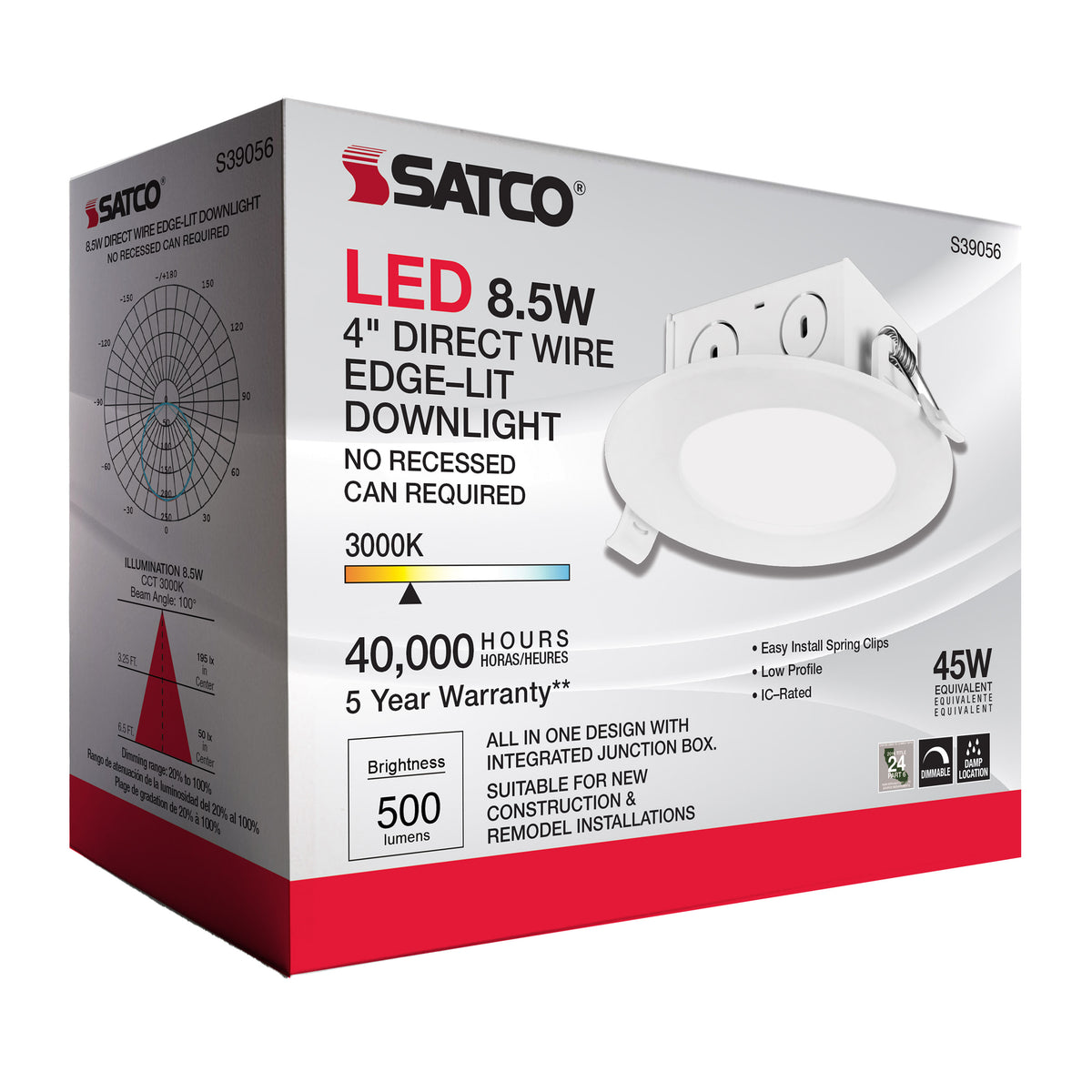 8.5 watt LED Direct Wire Downlight - Edge-lit - 4 inch - 3000K - 120 volt - Dimmable