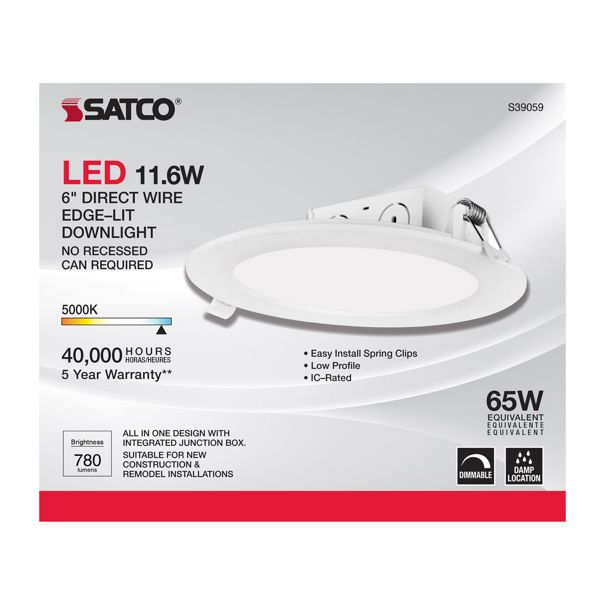 11.6 watt LED Direct Wire Downlight - Edge-lit - 5-6 inch - 5000K - 120 volt - Dimmable