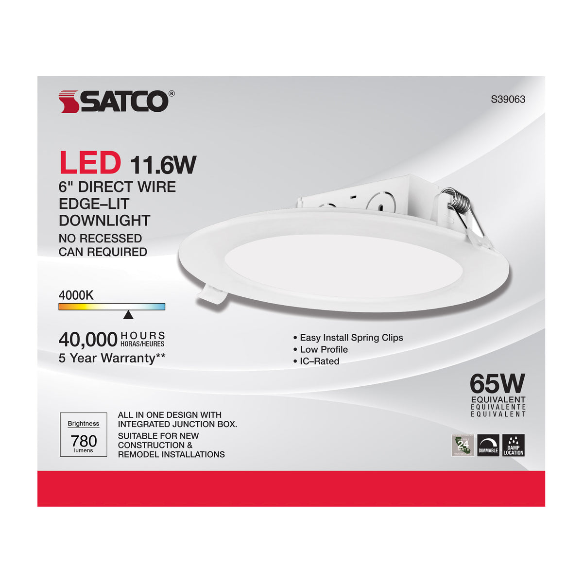 11.6 watt LED Direct Wire Downlight - Edge-lit - 5-6 inch - 4000K - 120 volt - Dimmable