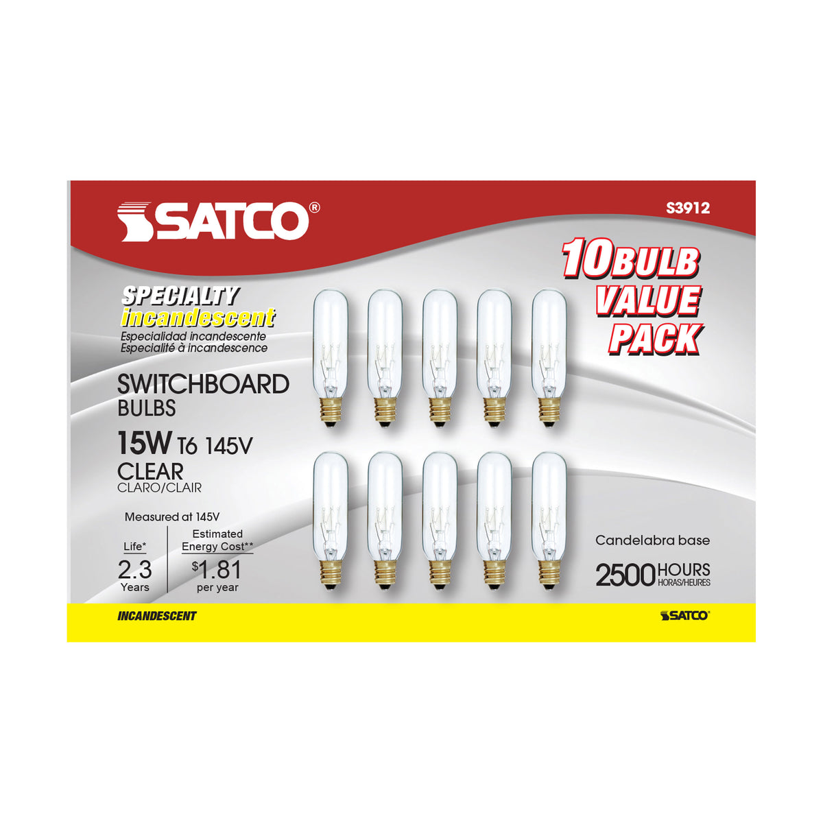 15 Watt T6 Incandescent - Clear - 2000 Average rated hours - 90 Lumens - Candelabra base - 145 Volt