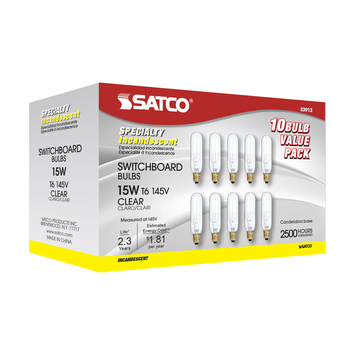 15 Watt T6 Incandescent - Clear - 2000 Average rated hours - 90 Lumens - Candelabra base - 145 Volt