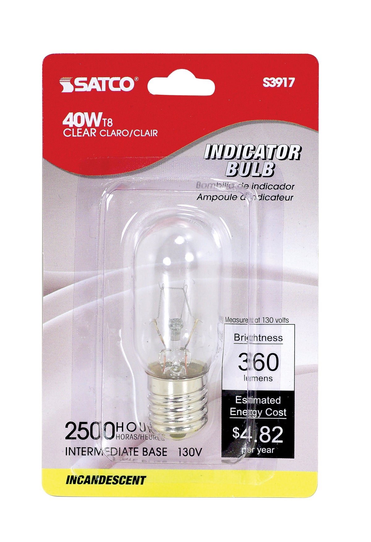 40 Watt T8 Incandescent - Clear - 2000 Average rated hours - 360 Lumens - Intermediate base - 130 Volt - Carded