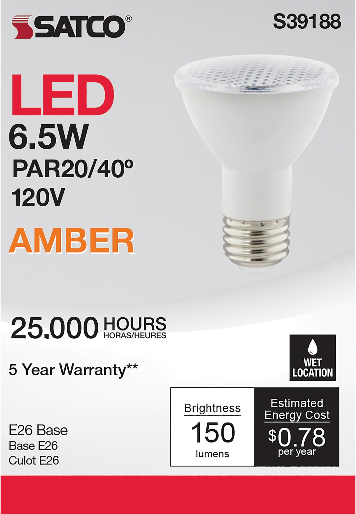 6.5 Watt - PAR20 LED - Amber color - 40 deg. Beam Angle - Medium base - 120 Volt - Turtle Friendly