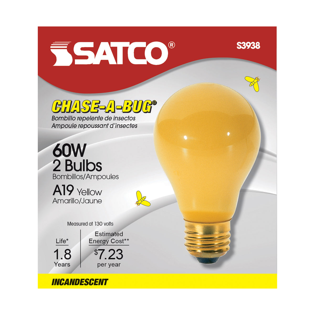 60 Watt A19 Incandescent - Yellow - 2000 Average rated hours - Medium base - 130 Volt - 2/Pack