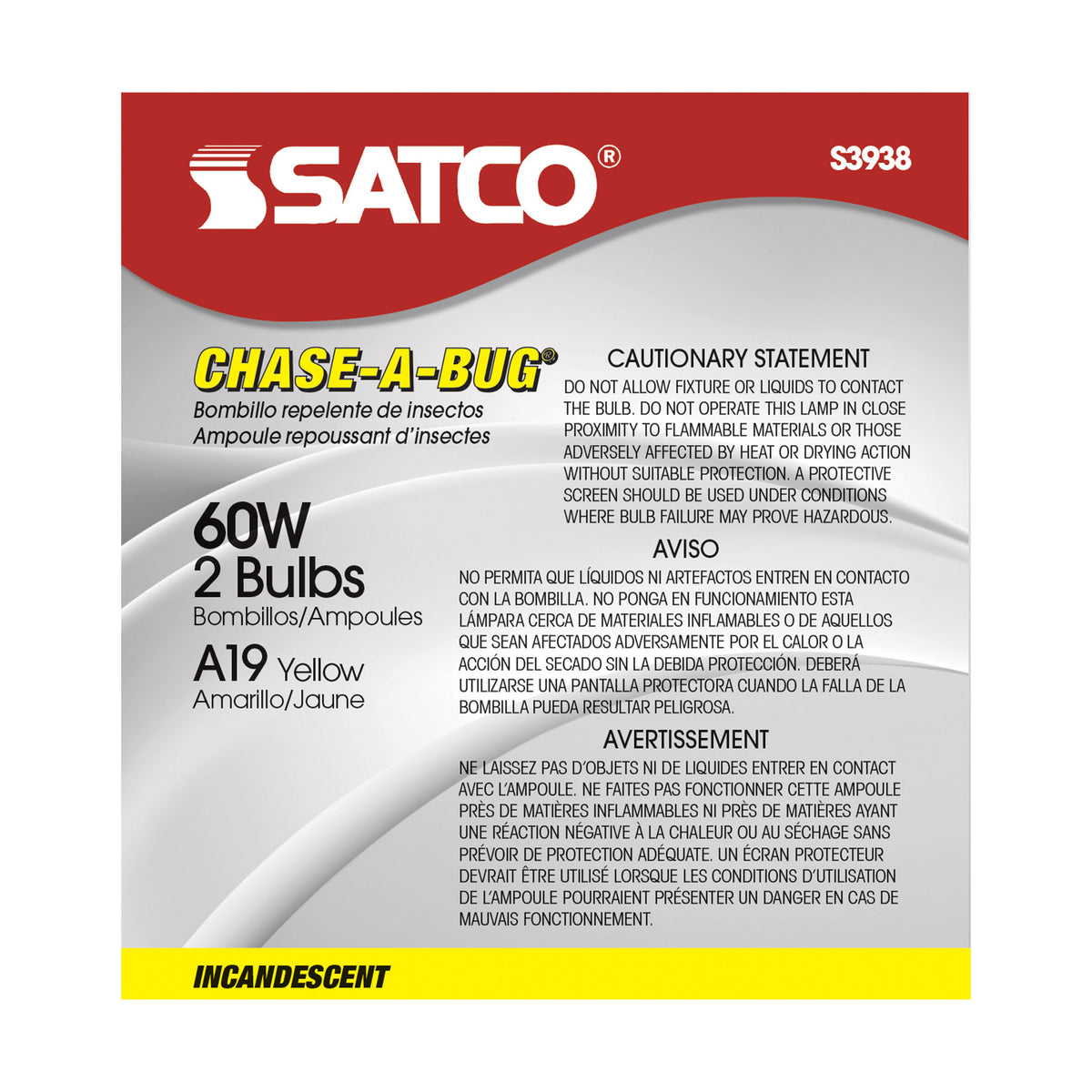 60 Watt A19 Incandescent - Yellow - 2000 Average rated hours - Medium base - 130 Volt - 2/Pack
