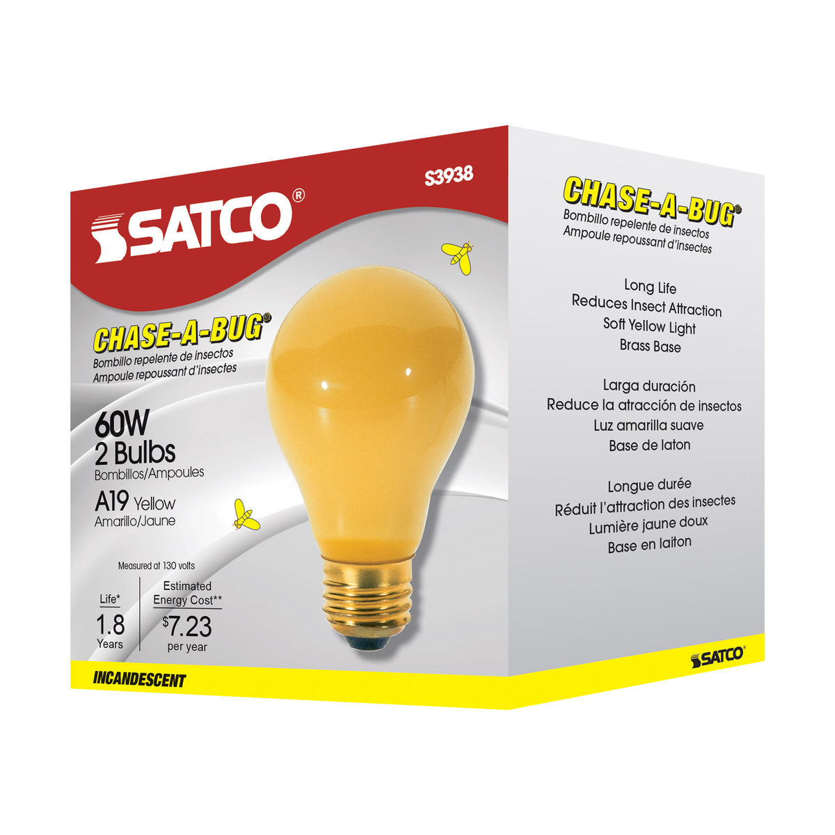 60 Watt A19 Incandescent - Yellow - 2000 Average rated hours - Medium base - 130 Volt - 2/Pack