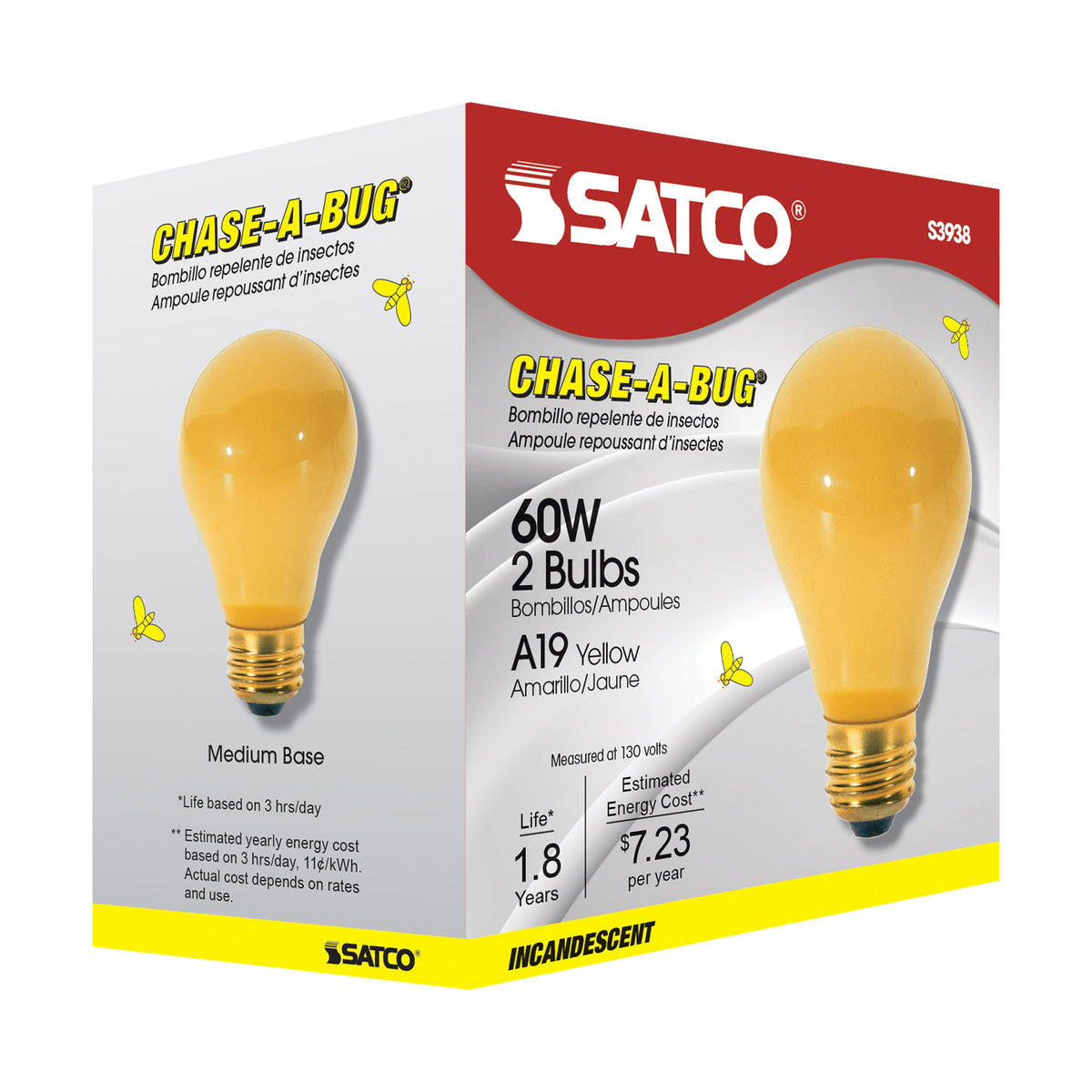 60 Watt A19 Incandescent - Yellow - 2000 Average rated hours - Medium base - 130 Volt - 2/Pack