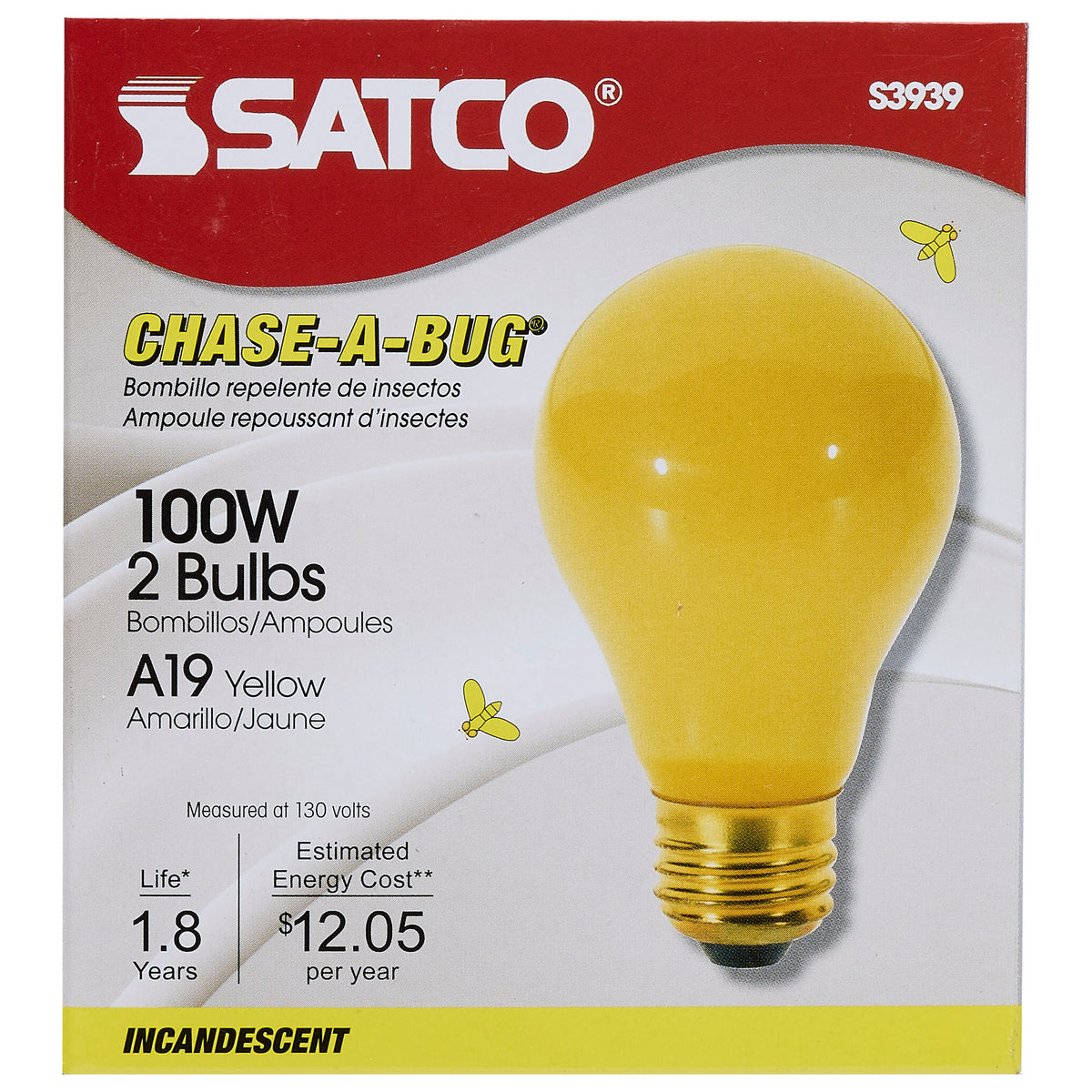 100 Watt A19 Incandescent - Yellow - 2000 Average rated hours - Medium base - 130 Volt - 2/Pack