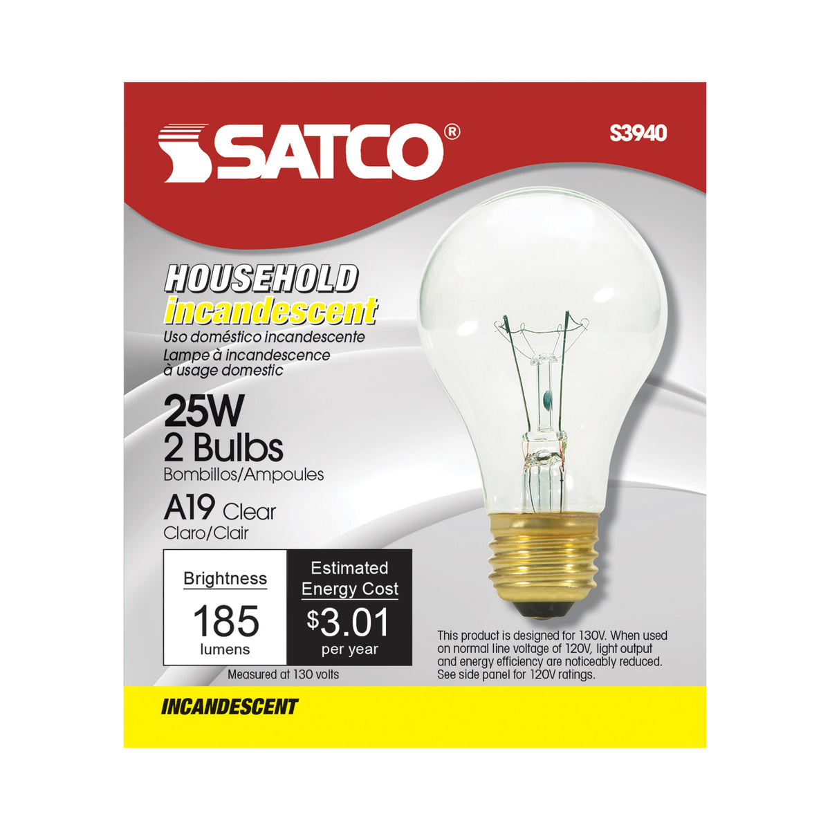 25 Watt A19 Incandescent - Clear - 2500 Average rated hours - 170 Lumens - Medium base - 130 Volt - 2/Pack