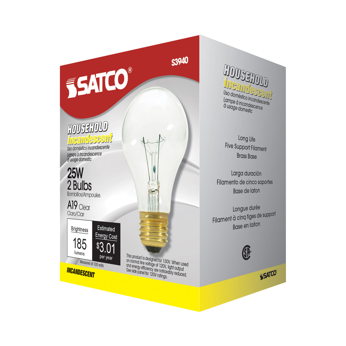 25 Watt A19 Incandescent - Clear - 2500 Average rated hours - 170 Lumens - Medium base - 130 Volt - 2/Pack