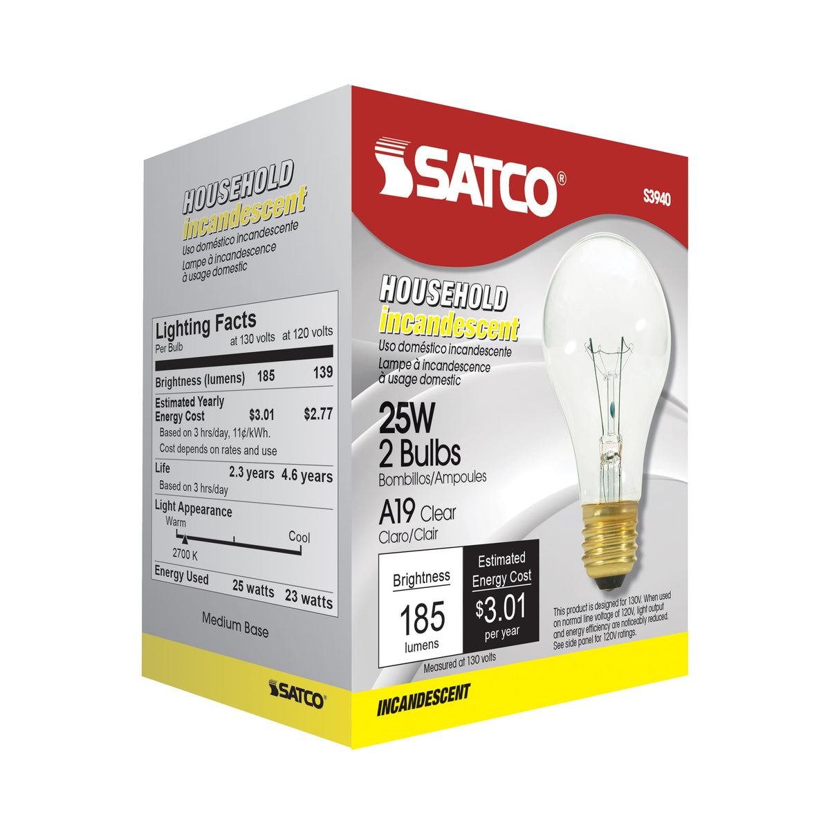 25 Watt A19 Incandescent - Clear - 2500 Average rated hours - 170 Lumens - Medium base - 130 Volt - 2/Pack