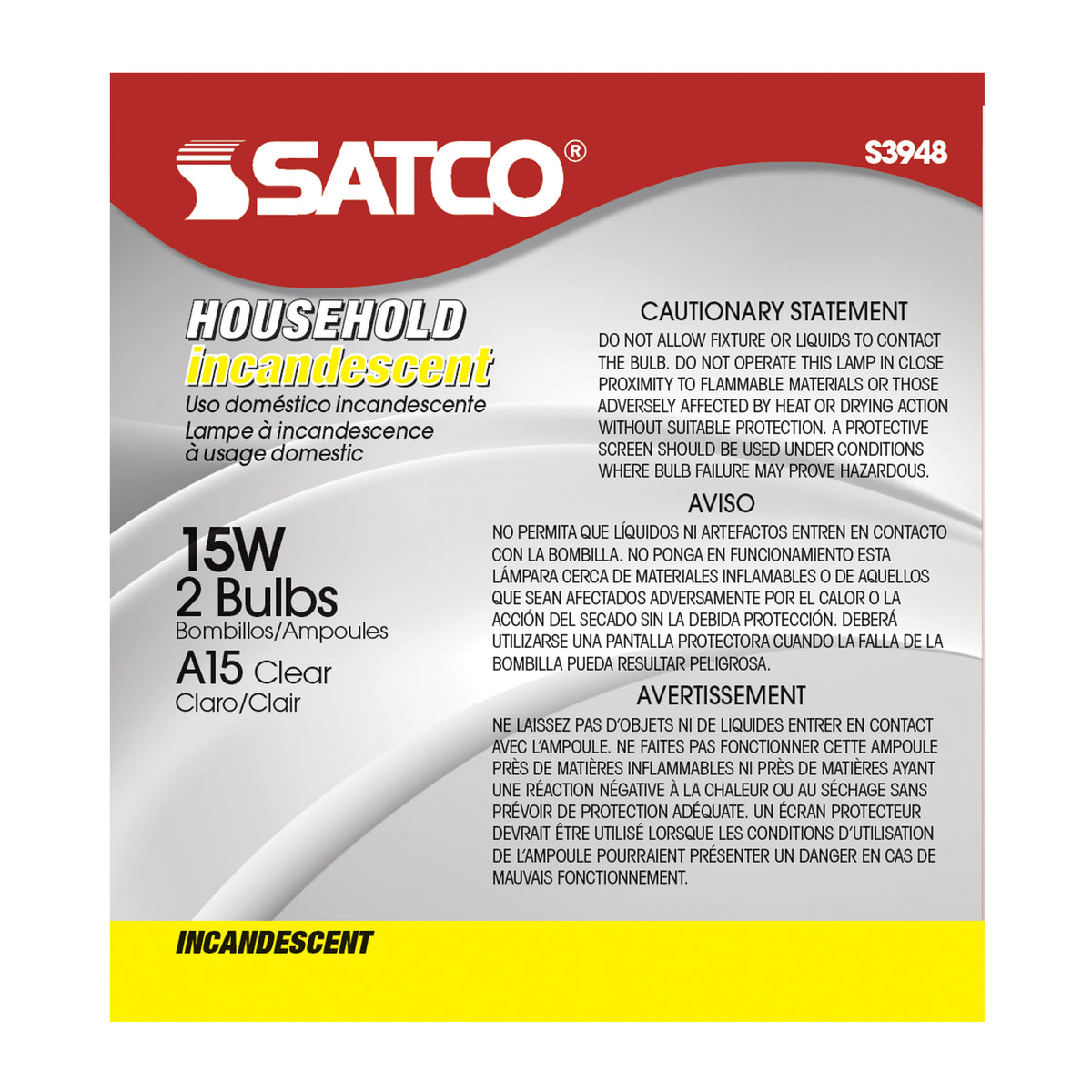 15 Watt A15 Incandescent - Clear - 2500 Average rated hours - 100 Lumens - Medium base - 130 Volt - 2/Pack