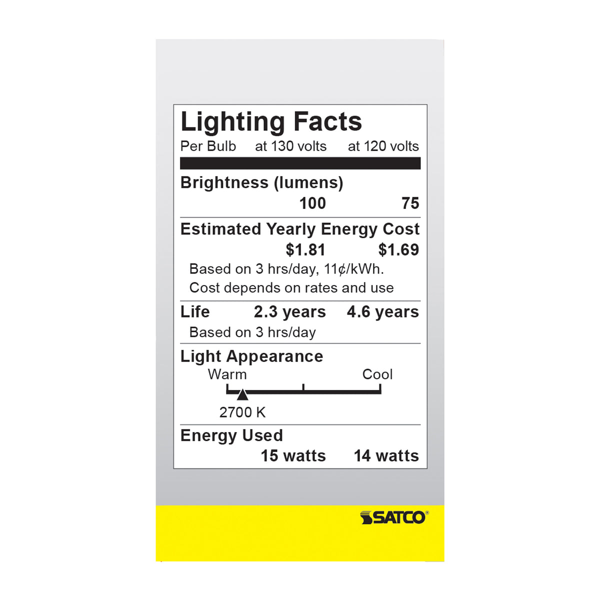 15 Watt A15 Incandescent - Clear - 2500 Average rated hours - 100 Lumens - Medium base - 130 Volt - 2/Pack