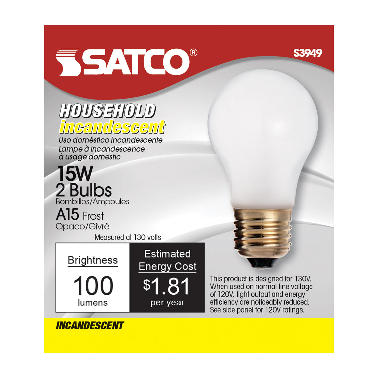 15 Watt A15 Incandescent - Frost - 2500 Average rated hours - 100 Lumens - Medium base - 130 Volt - 2/Pack