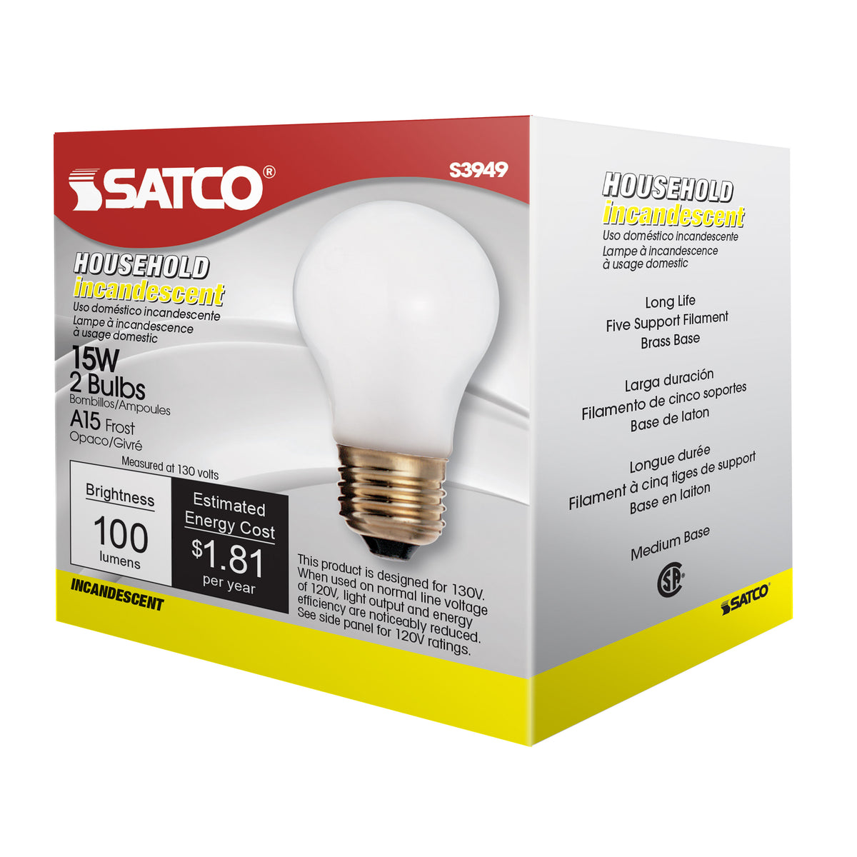 15 Watt A15 Incandescent - Frost - 2500 Average rated hours - 100 Lumens - Medium base - 130 Volt - 2/Pack