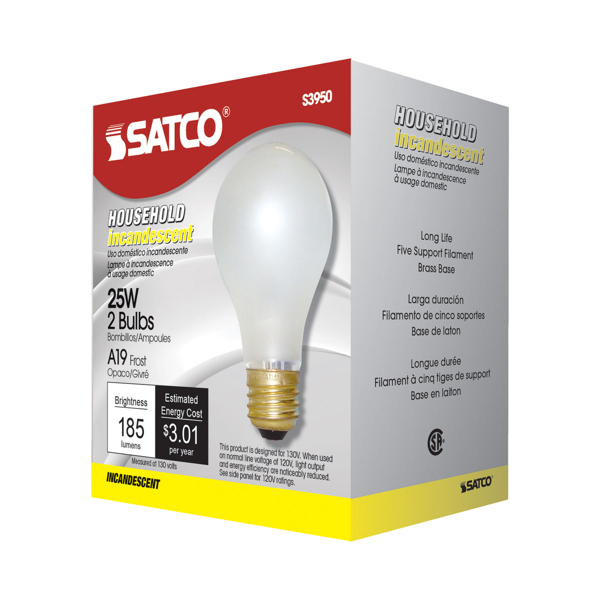 25 Watt A19 Incandescent - Frost - 2500 Average rated hours - 180 Lumens - Medium base - 130 Volt - 2/Pack
