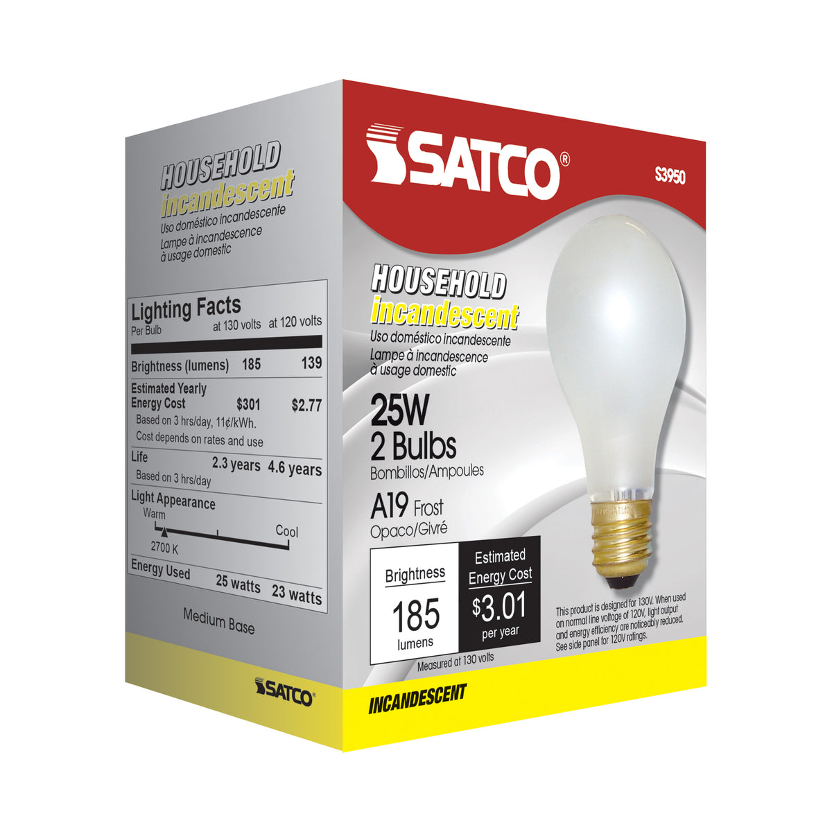 25 Watt A19 Incandescent - Frost - 2500 Average rated hours - 180 Lumens - Medium base - 130 Volt - 2/Pack