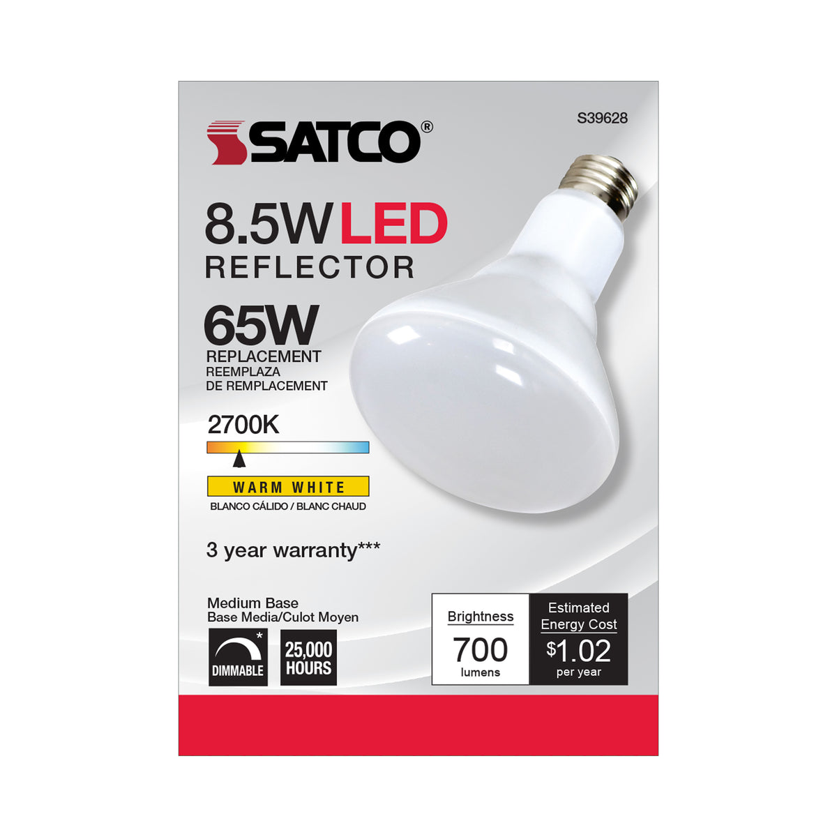 8.5 Watt - BR30 LED - 2700K - 80 CRI - Medium Base - 120 Volts - Dimmable - 48-pack
