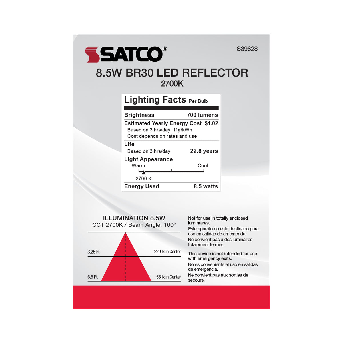 8.5 Watt - BR30 LED - 2700K - 80 CRI - Medium Base - 120 Volts - Dimmable - 48-pack