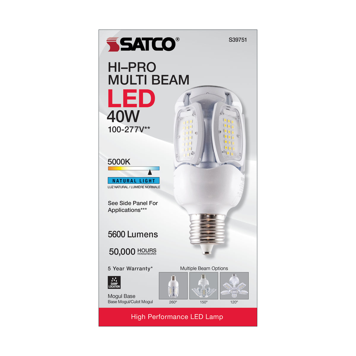 40 Watt LED HID Replacement - 5000K - Mogul extended base - Adjustable Beam Angle - Type B Ballast Bypass -120-277 Volt