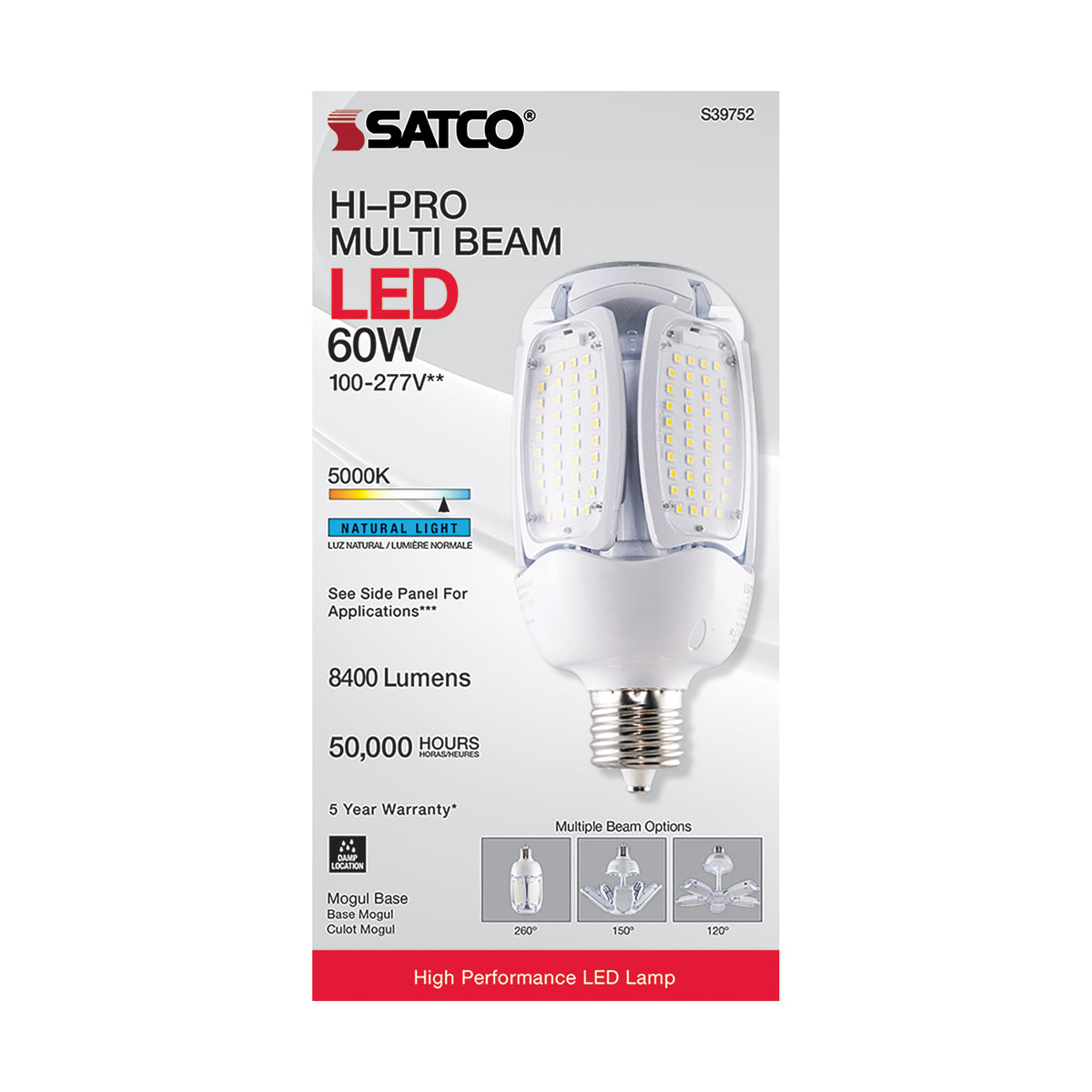 60 Watt LED HID Replacement - 5000K - Mogul extended base - Adjustable Beam Angle - Type B Ballast Bypass -120-277 Volt