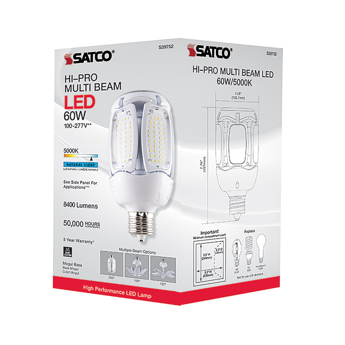 60 Watt LED HID Replacement - 5000K - Mogul extended base - Adjustable Beam Angle - Type B Ballast Bypass -120-277 Volt