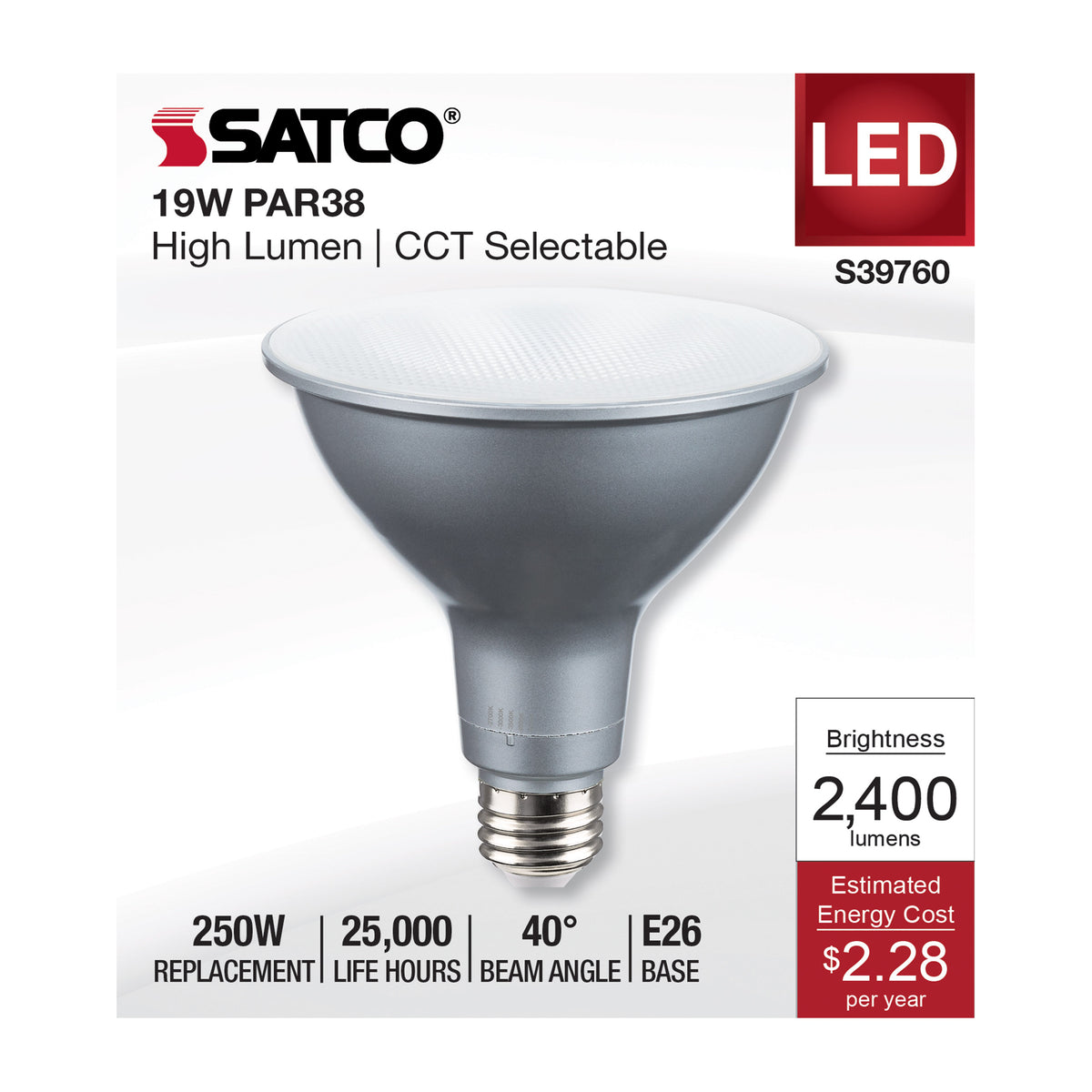 19 Watt PAR38 High Lumen LED - 27K/30K/35K/40K/50K CCT Selectable - Medium Base - 120-277 Volt