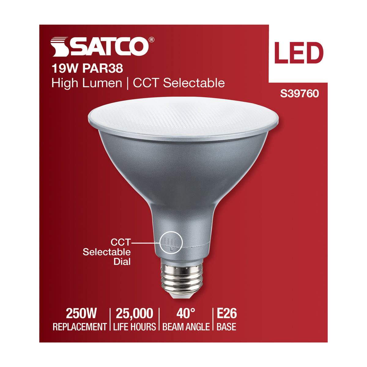 19 Watt PAR38 High Lumen LED - 27K/30K/35K/40K/50K CCT Selectable - Medium Base - 120-277 Volt