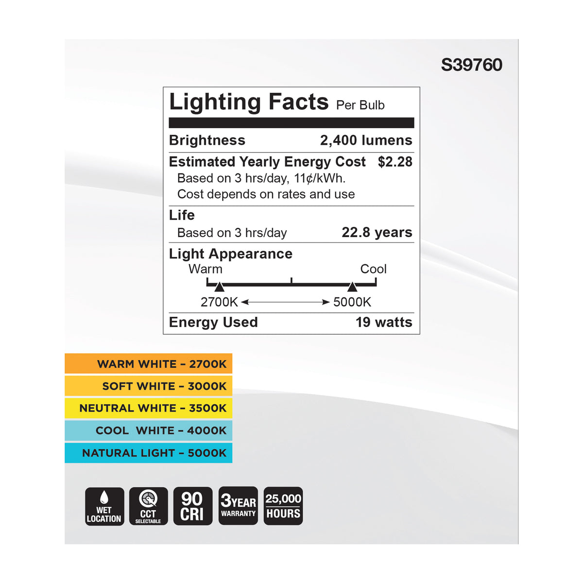 19 Watt PAR38 High Lumen LED - 27K/30K/35K/40K/50K CCT Selectable - Medium Base - 120-277 Volt