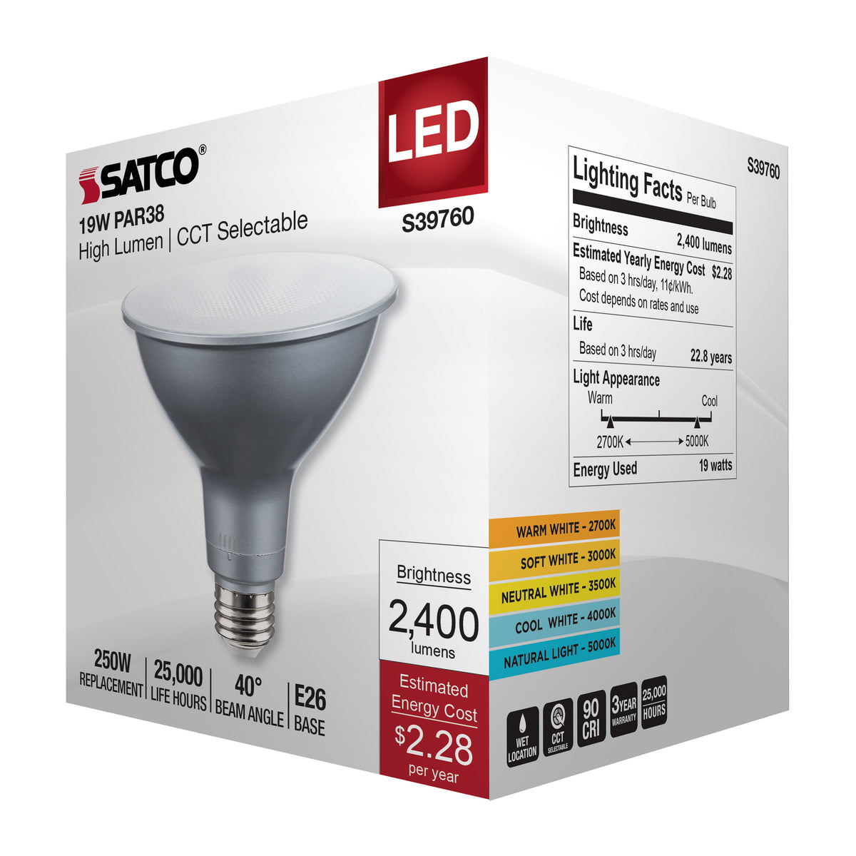 19 Watt PAR38 High Lumen LED - 27K/30K/35K/40K/50K CCT Selectable - Medium Base - 120-277 Volt