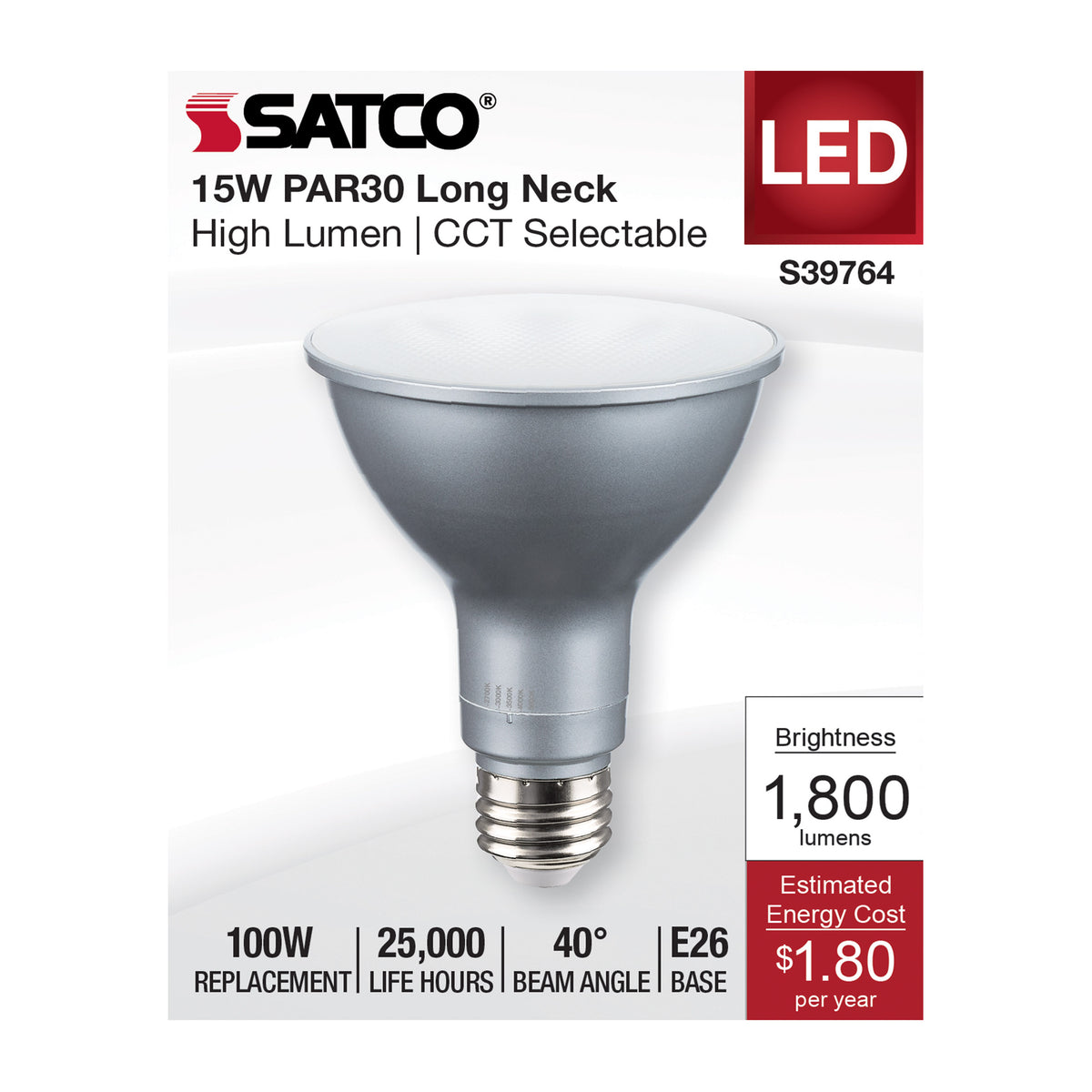 15 Watt PAR30LN High Lumen LED - Long Neck - 27K/30K/35K/40K/50K CCT Selectable - Medium Base - 120-277 Volt