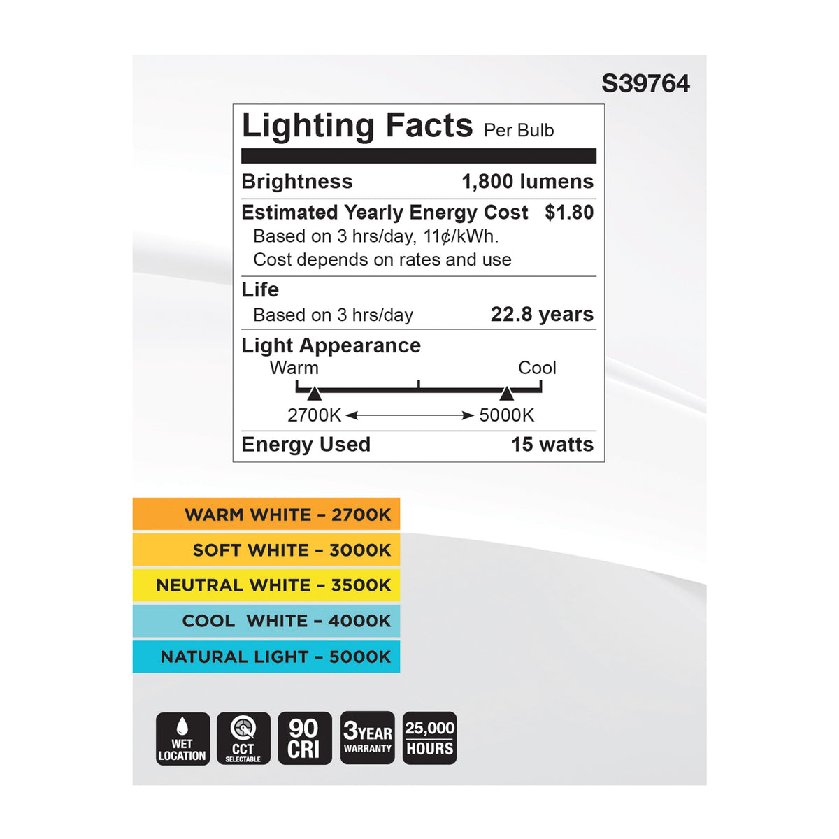 15 Watt PAR30LN High Lumen LED - Long Neck - 27K/30K/35K/40K/50K CCT Selectable - Medium Base - 120-277 Volt